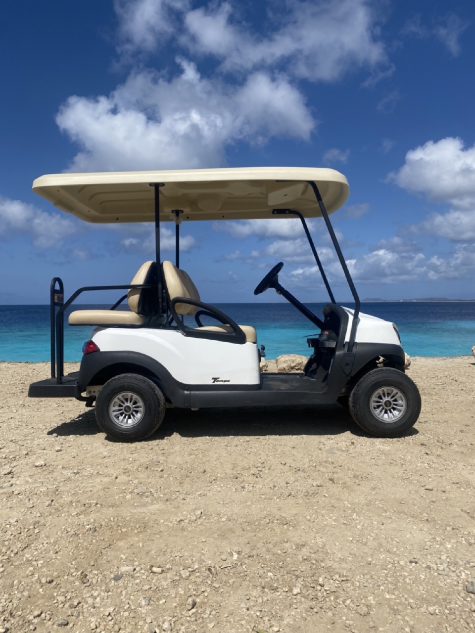 Zijaanzicht van een vier persoons golfkar op Bonaire, ideaal vervoer voor uw vakantie.