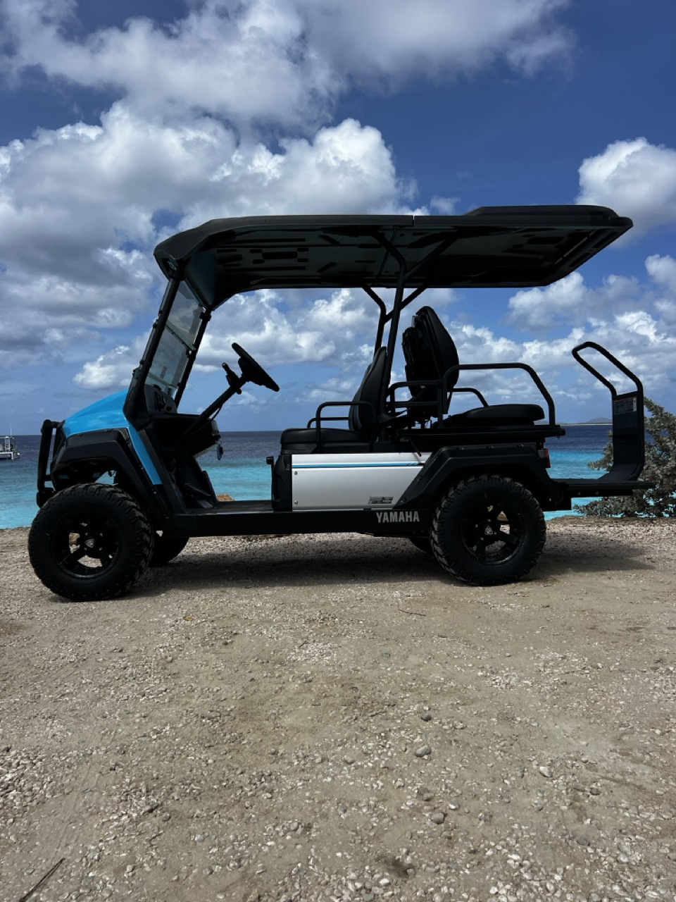 Zijaanzicht van een vier persoons golfkar op Bonaire, ideaal vervoer voor uw vakantie.